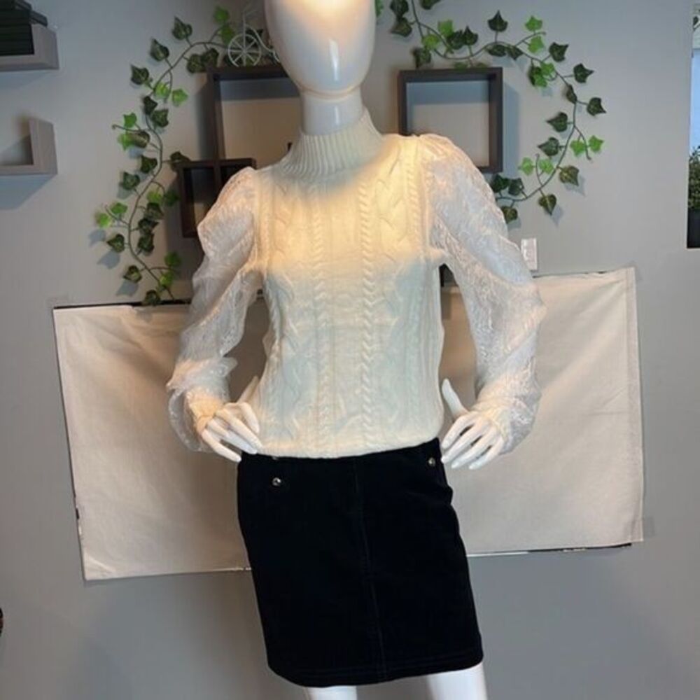 Zaful Mock Neck Cable Knit Lace Mesh Sleeve Ivory Sweater Size 4 - Picture 3 of 16